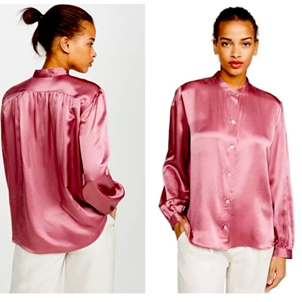 Vince Satin Button-Up Blouse in Rose Pink